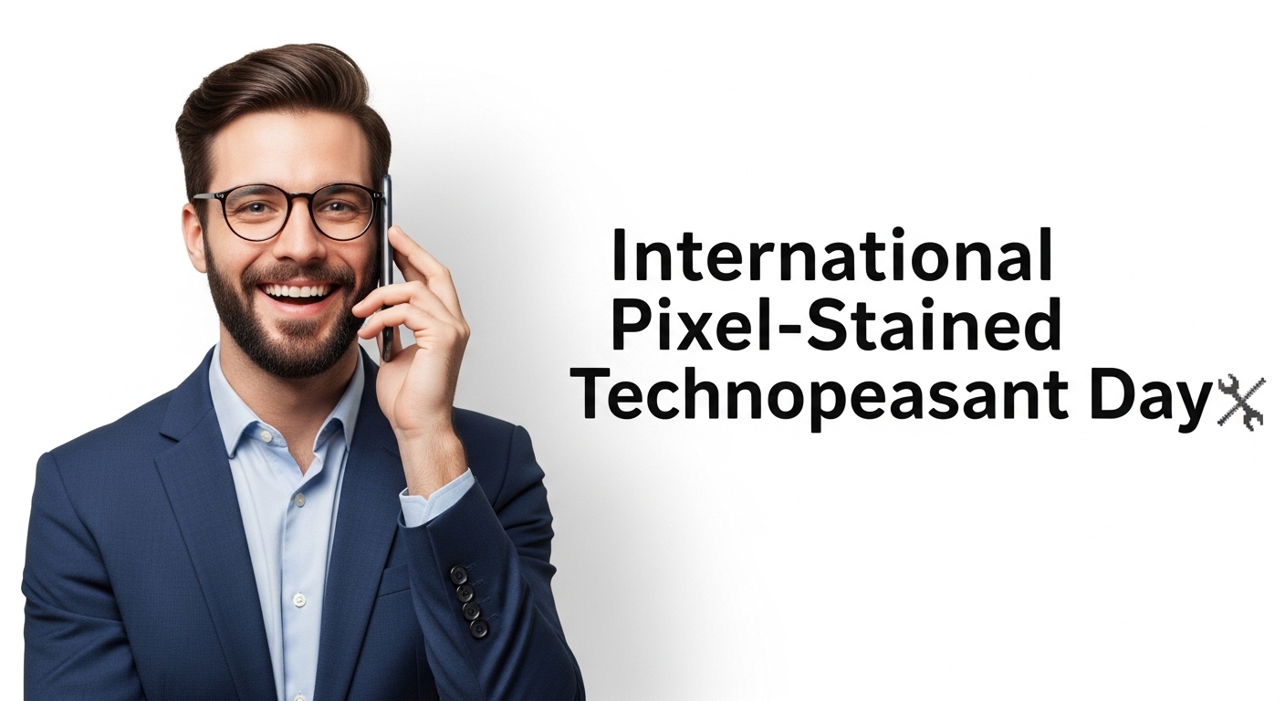 Smiling Professional Talking on Mobile Phone with International Technopeasant Day Text - Feature Image Apr 441