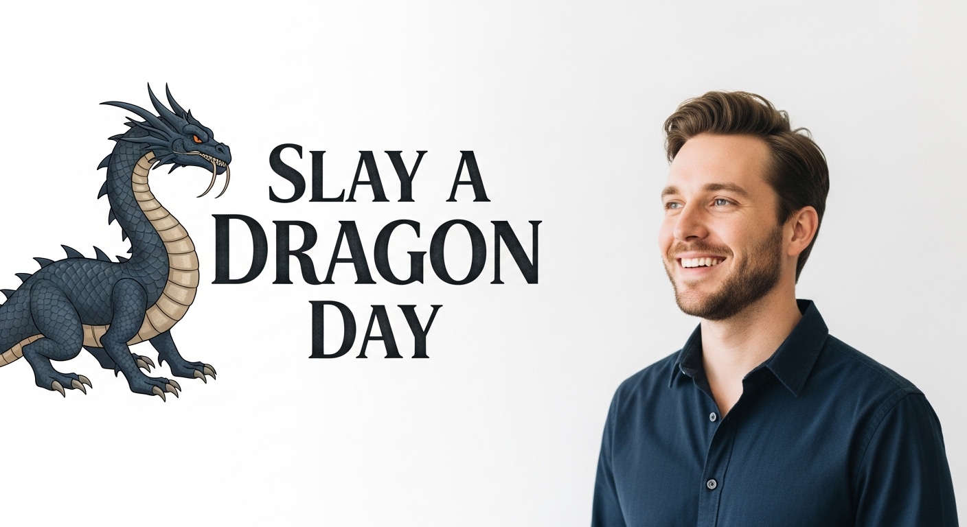 Man Smiles Celebrating Slay a Dragon Day with Mythical Creature Art - Feature Image Apr 449