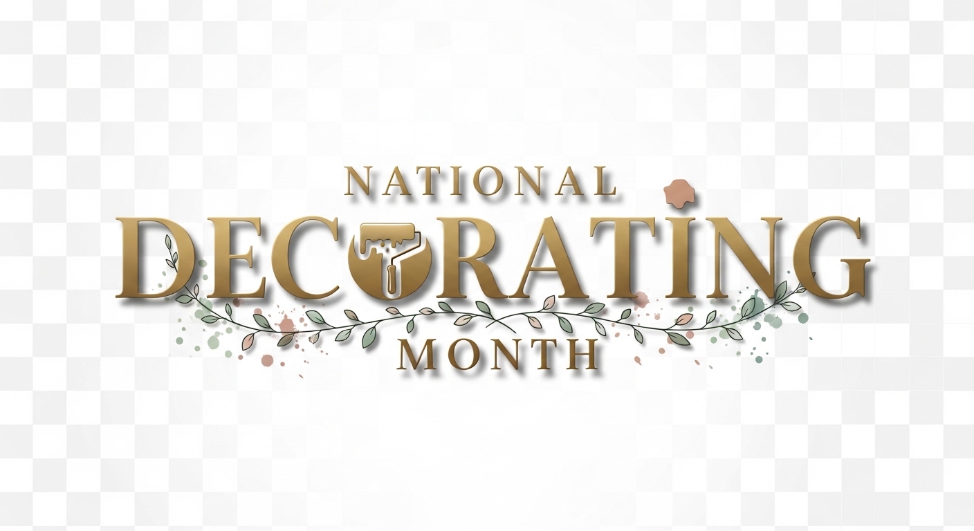 National Decorating Month Golden Text Design with Paint Roller Icon and Botanical Accents - Feature Image Apr 61