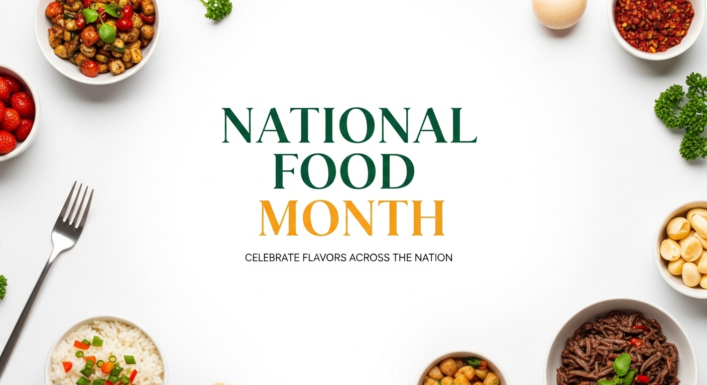National Food Month Celebration Layout with Diverse Culinary Dishes & Ingredients on White - Feature Image Apr 64