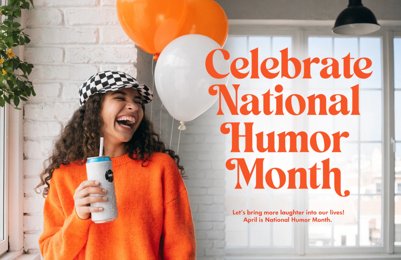 Joyful Woman Laughing with Balloons & Refreshment for National Humor Month Celebration - Feature Image Apr 70