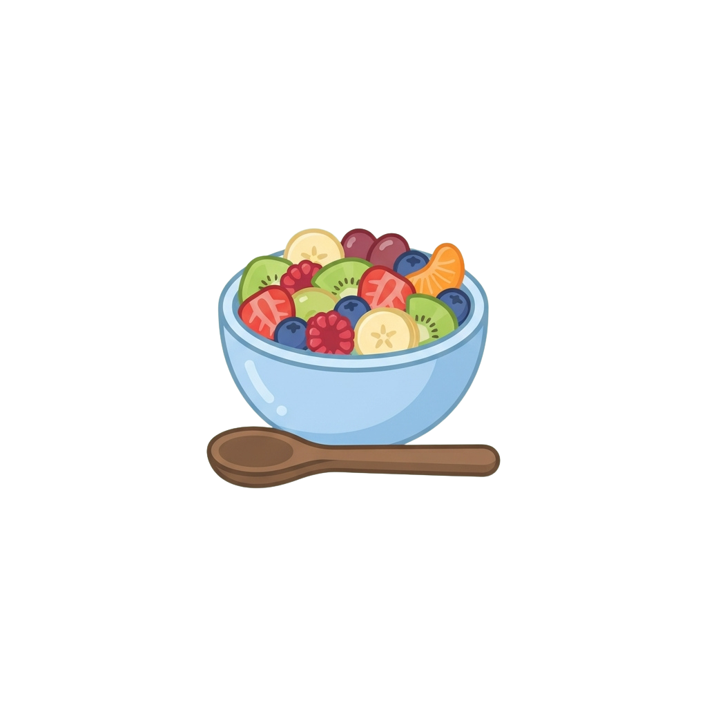 A light blue bowl filled with mixed colorful fruit and a wooden spoon beside it