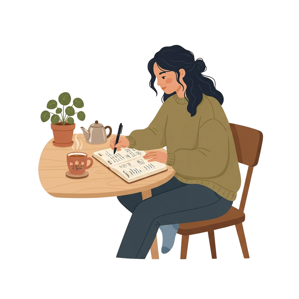A person sitting at a table writing in a notebook with a cup of coffee, teapot, and a small potted plant nearby