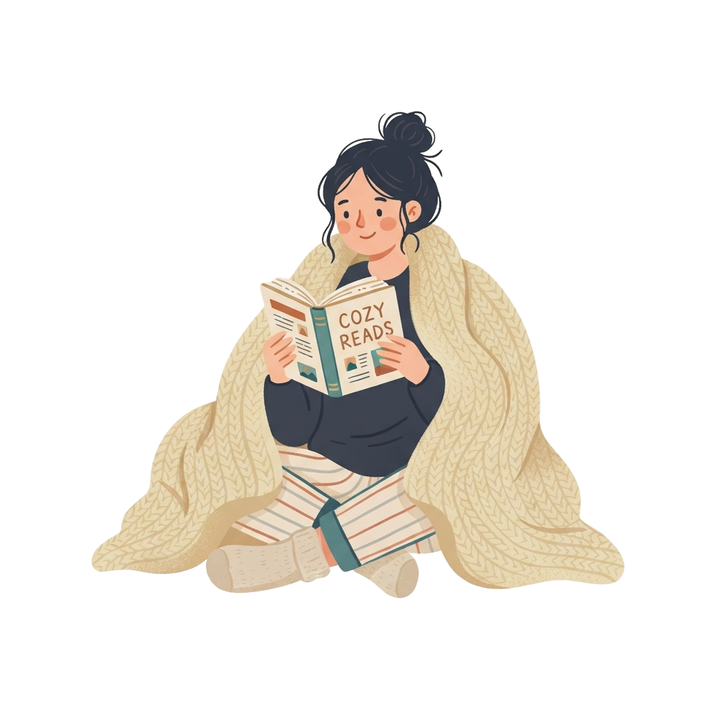 A person wrapped in a blanket reading a book labeled Cozy Reads, surrounded by additional books.