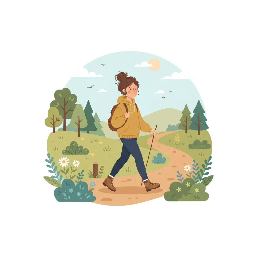A person hiking on a scenic trail surrounded by greenery and flowers, wearing a backpack and holding trekking poles.