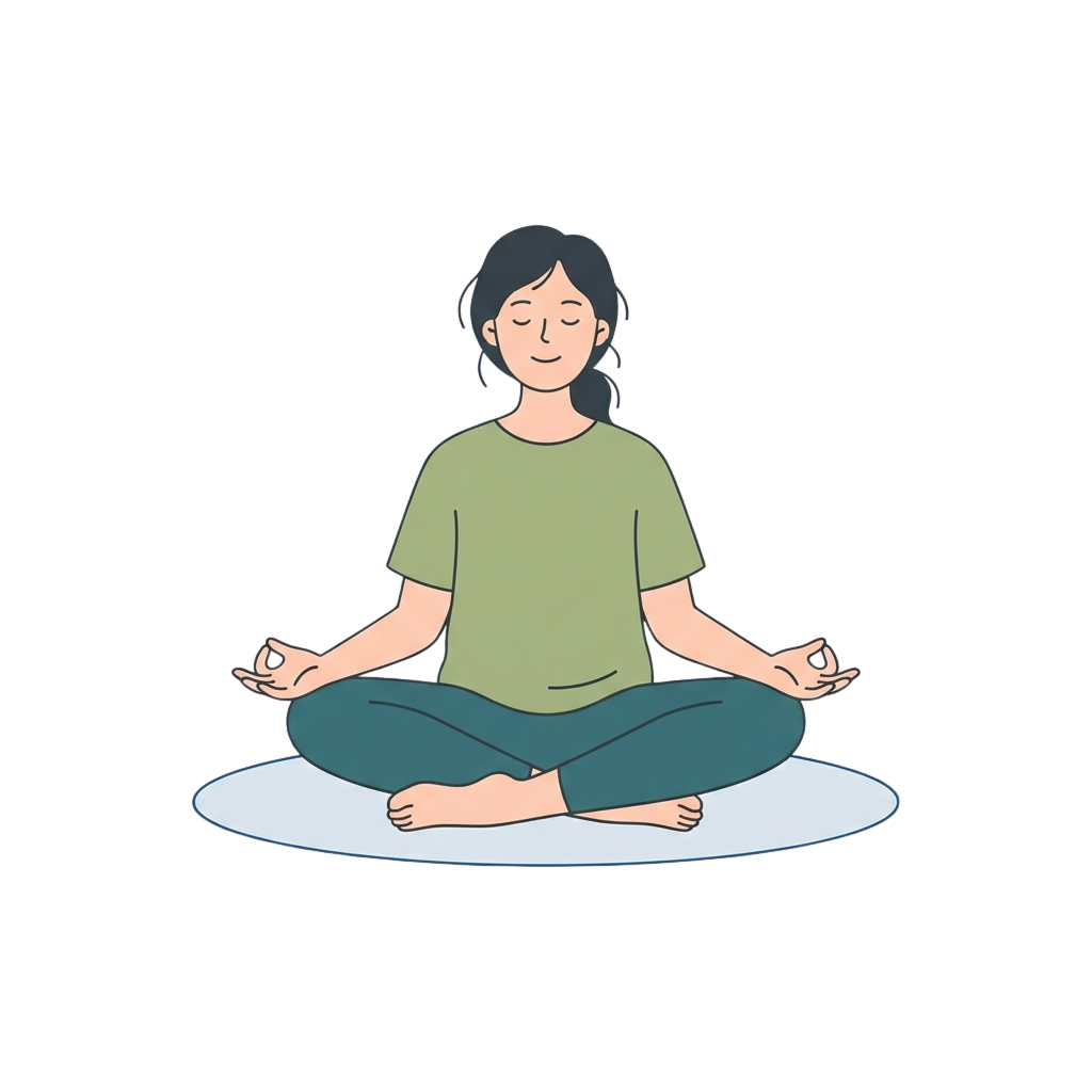 A person sitting cross-legged in a meditative pose with hands resting on knees, smiling calmly.