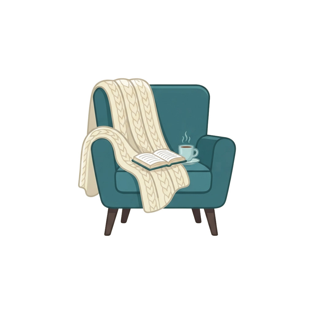 Blue armchair with a knitted throw, open book, and coffee cup on armrest