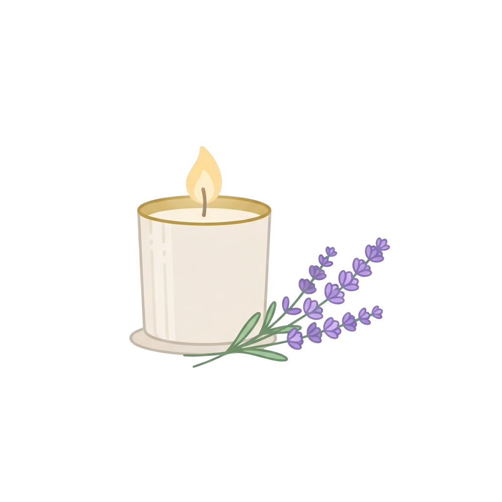 A lit white candle next to a sprig of purple lavender flowers on a black background