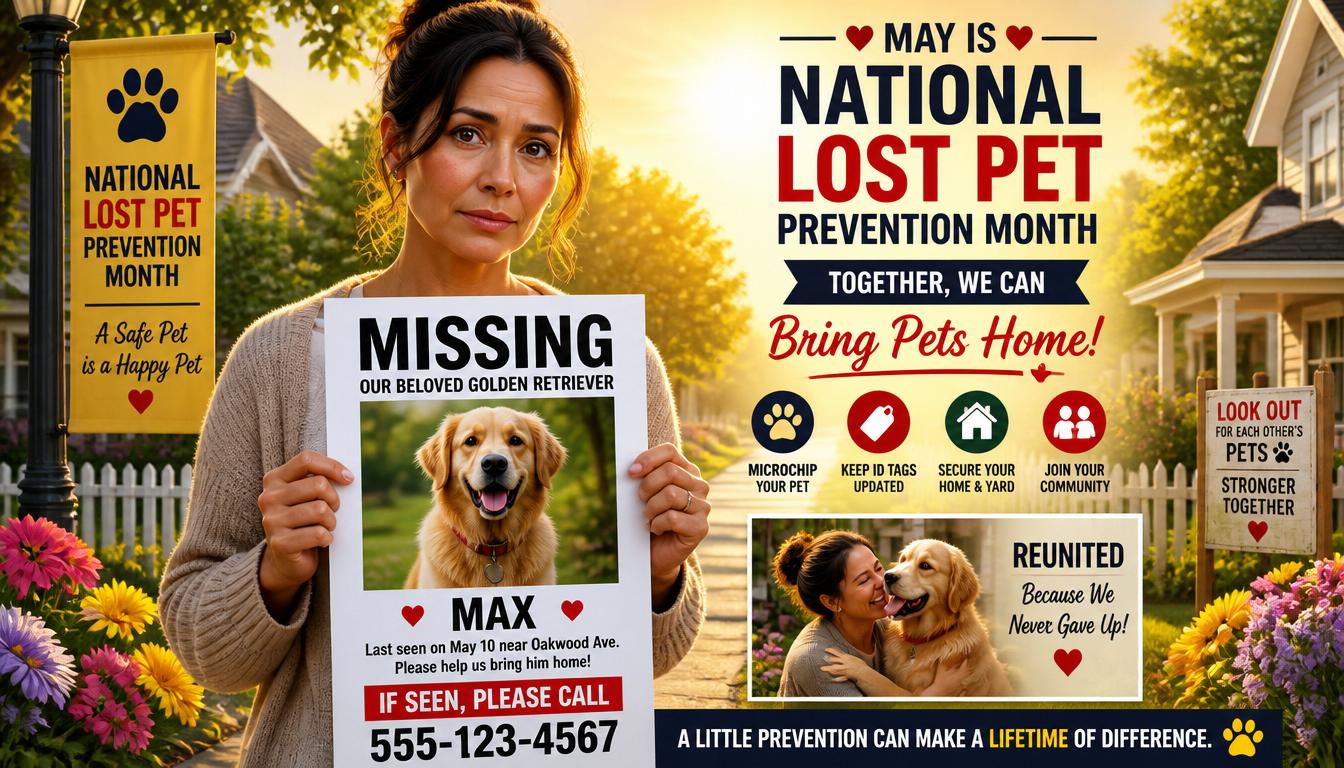 Lost Pet Prevention Month: Woman with missing dog poster, promoting pet safety & community. - Feature Image Jul 70