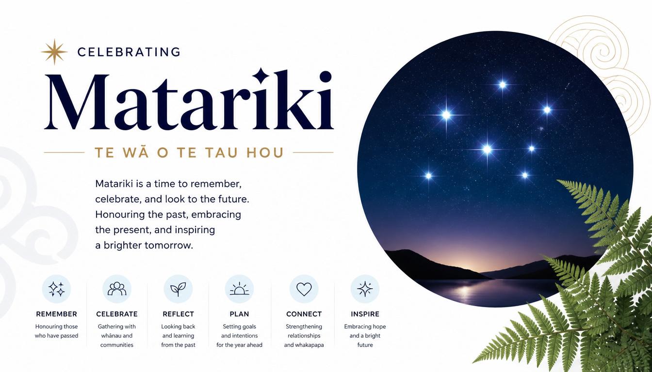A starry night sky with seven bright stars and a mountainous landscape at sunset, with green ferns in the foreground.