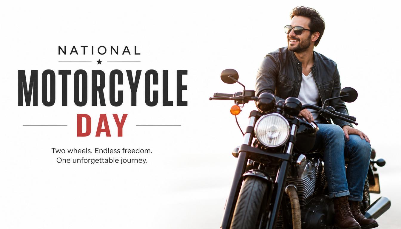 National Motorcycle Day. Smiling man on motorcycle with inspirational text. - Feature Image July 207