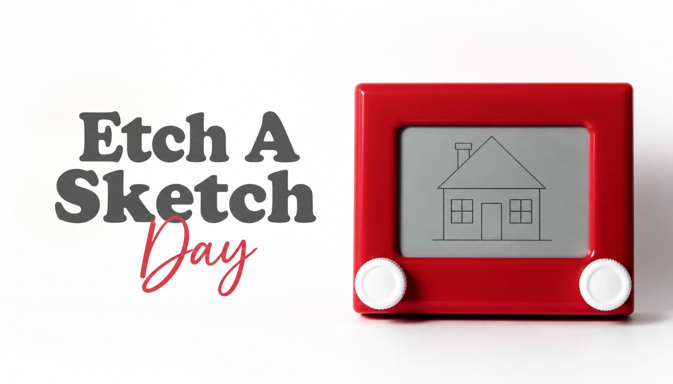 Etch A Sketch Day Celebration with Classic Drawing Toy and House Outline on White Background - Feature Image July 234