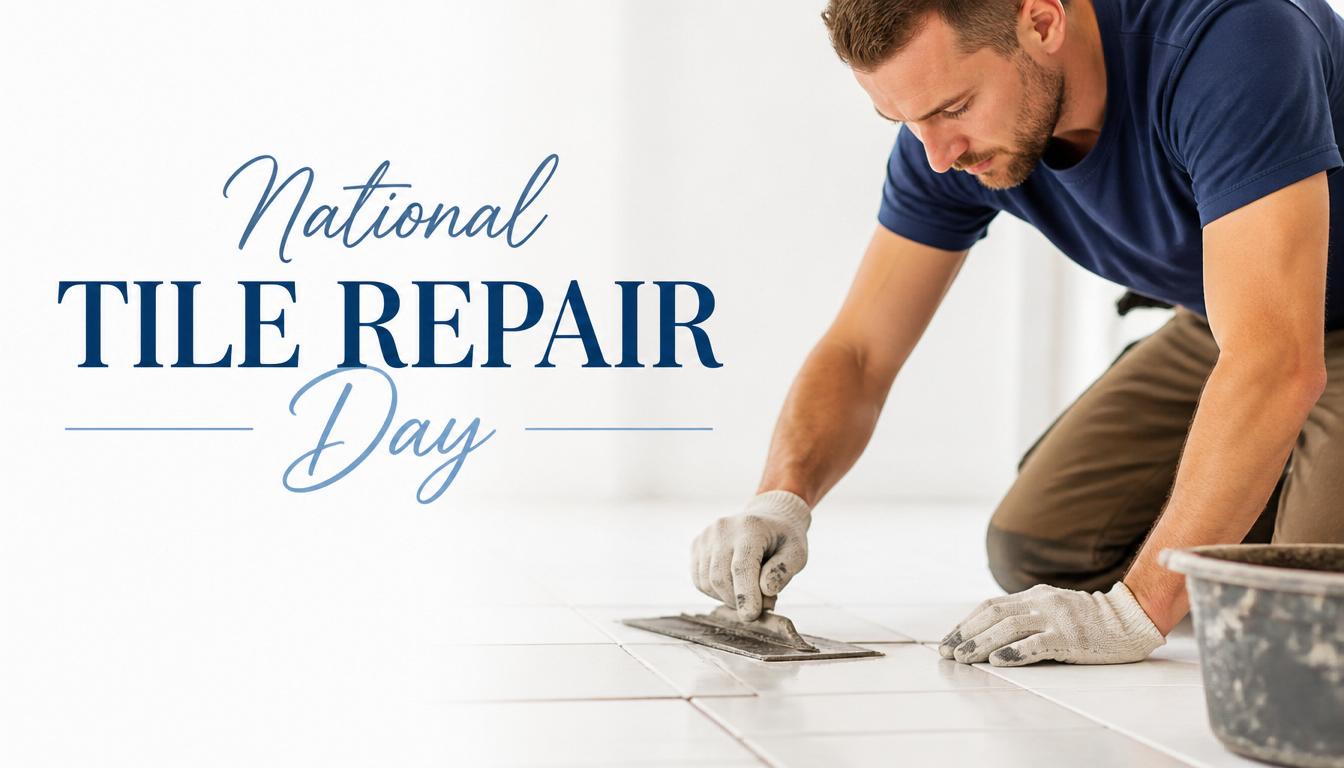 Skilled worker applying grout to floor tiles, commemorating National Tile Repair Day - Feature Image July 242