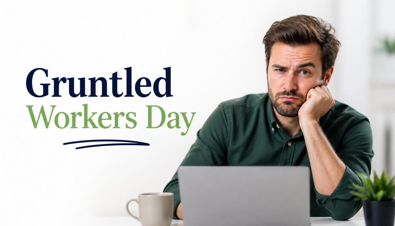 Ironic Gruntled Workers Day Concept: Displeased Man at Office Desk with Laptop - Feature Image July 250 1