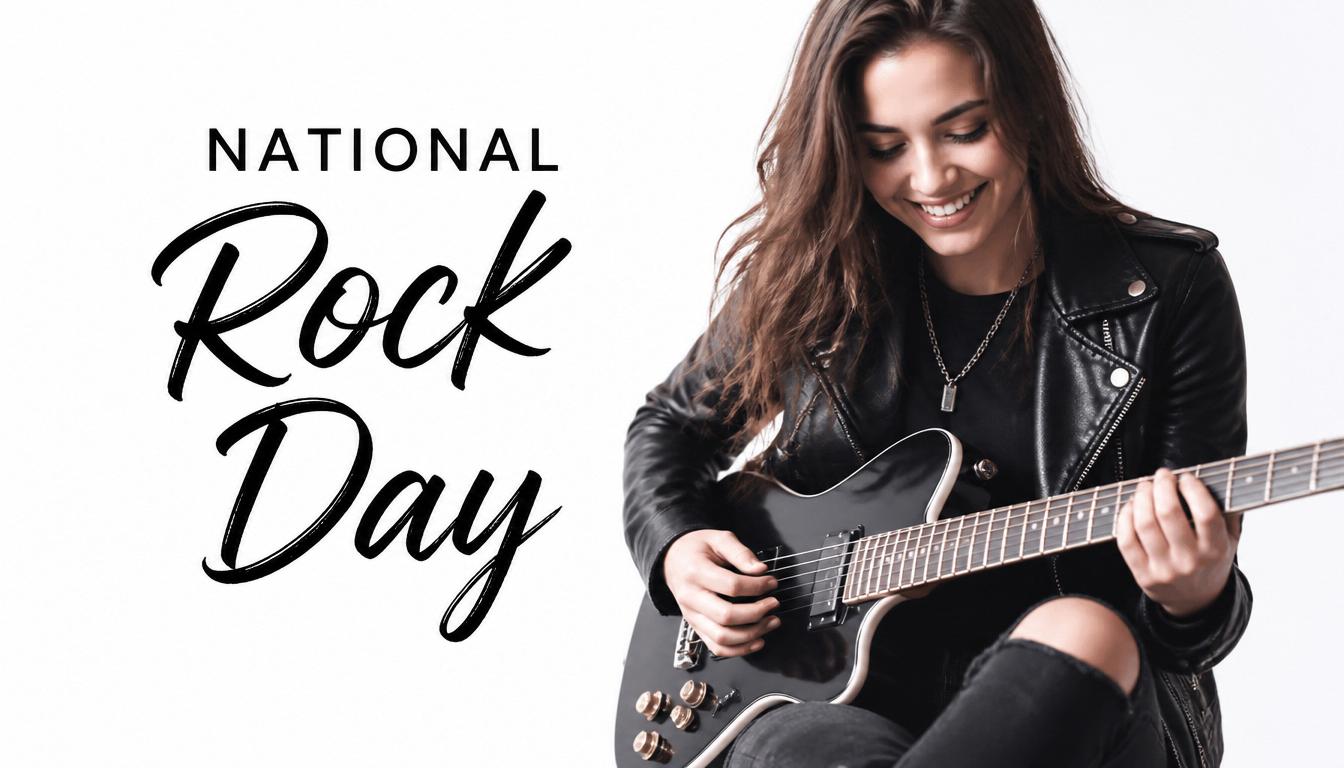 National Rock Day Celebration with Smiling Woman Playing Electric Guitar - Feature Image July 254 2