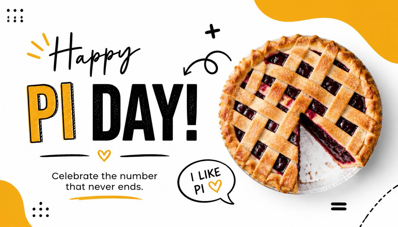 A lattice-topped pie with a slice missing on a white background with Pi Day text