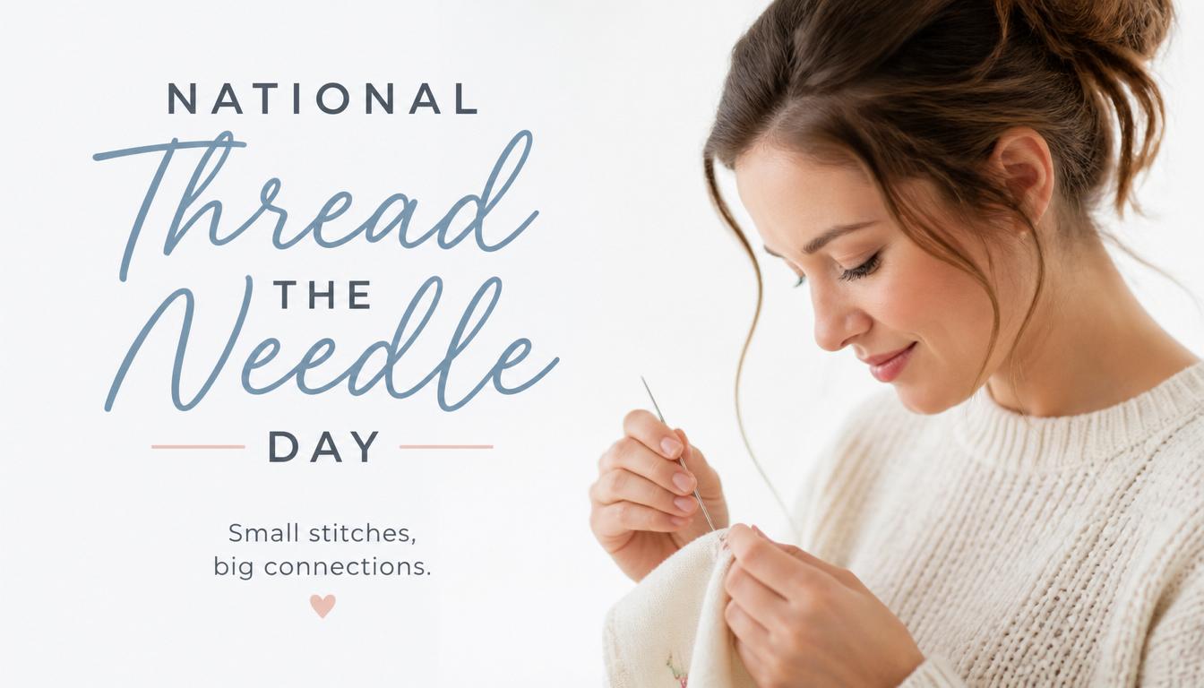 Woman in white sweater threading a needle