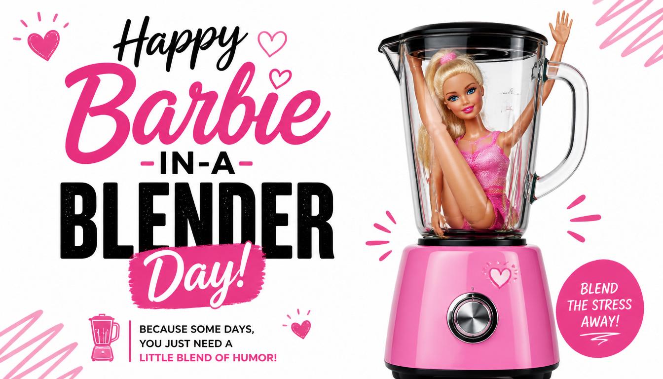 A pink blender with a Barbie doll inside, surrounded by pink hearts and text