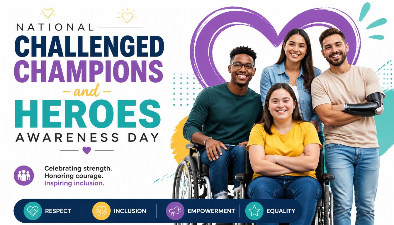 Four people smiling and posing together, one in a wheelchair and one with a prosthetic arm