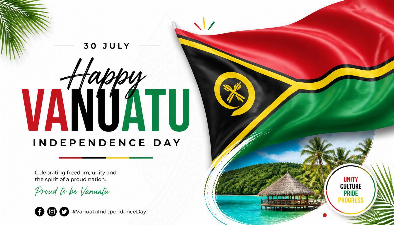 Vanuatu flag and tropical landscape with hut on water
