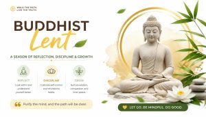A statue of Buddha sitting in meditation on a pile of stones with a lotus flower and green leaves