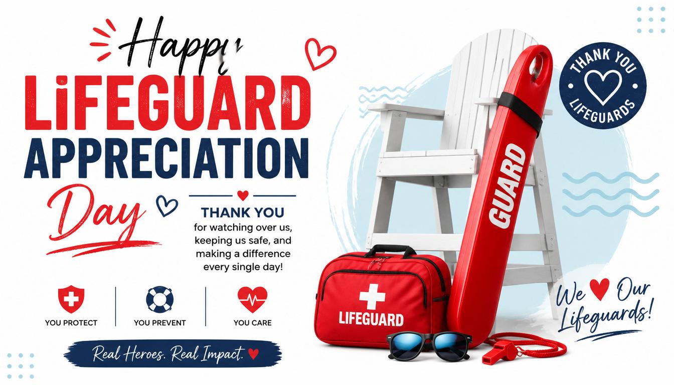 Graphic with lifeguard gear and text thanking lifeguards
