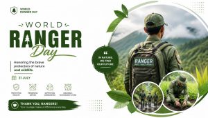 A man in a green uniform and cap with a RANGER backpack looking out at a mountain landscape