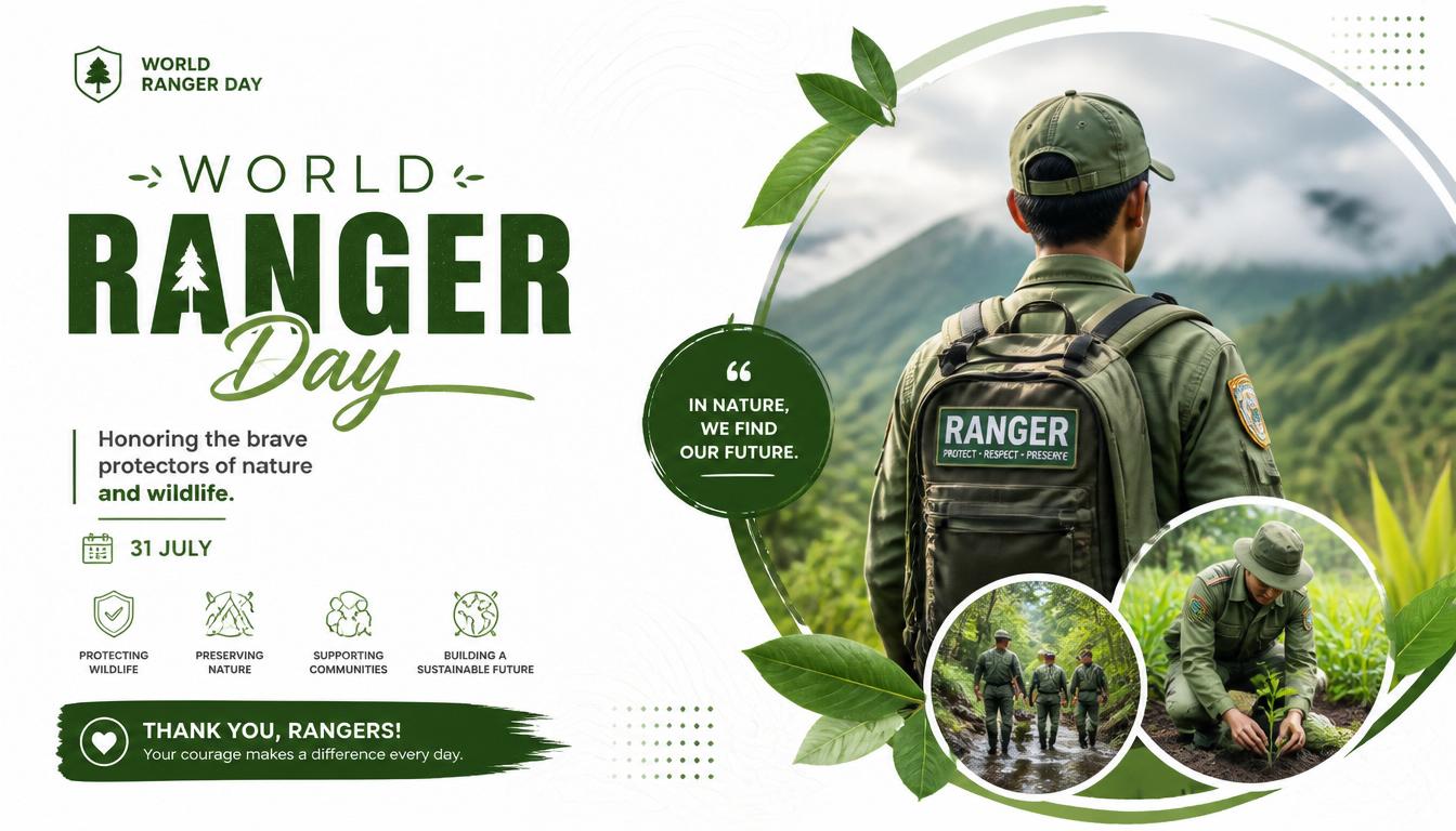 A man in a green uniform and cap with a RANGER backpack looking out at a mountain landscape