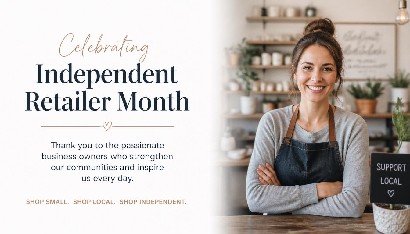 A smiling woman in an apron standing behind a counter with a Support Local sign