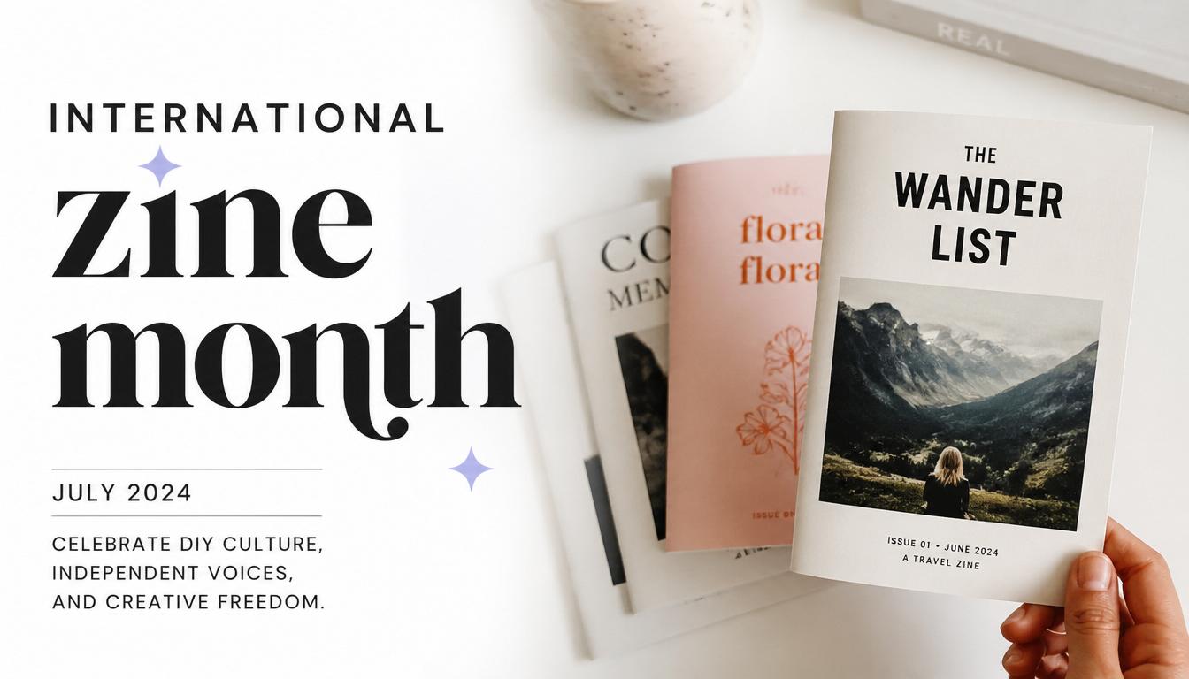 Hand holding zines on a white table with text International Zine Month
