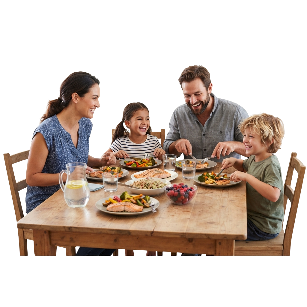 Four people smiling while eating dinner at a wooden table with plates of food and drinks