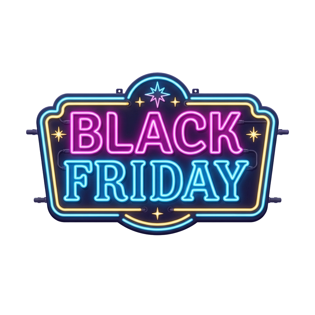 Neon sign displaying Black Friday in glowing blue and pink letters with star accents