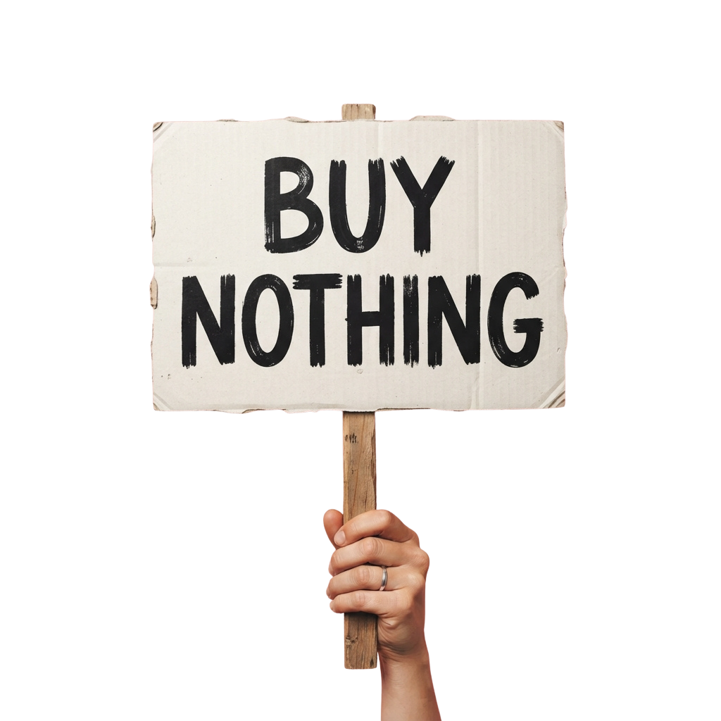 Hand holding a cardboard sign saying Buy Nothing against a black background