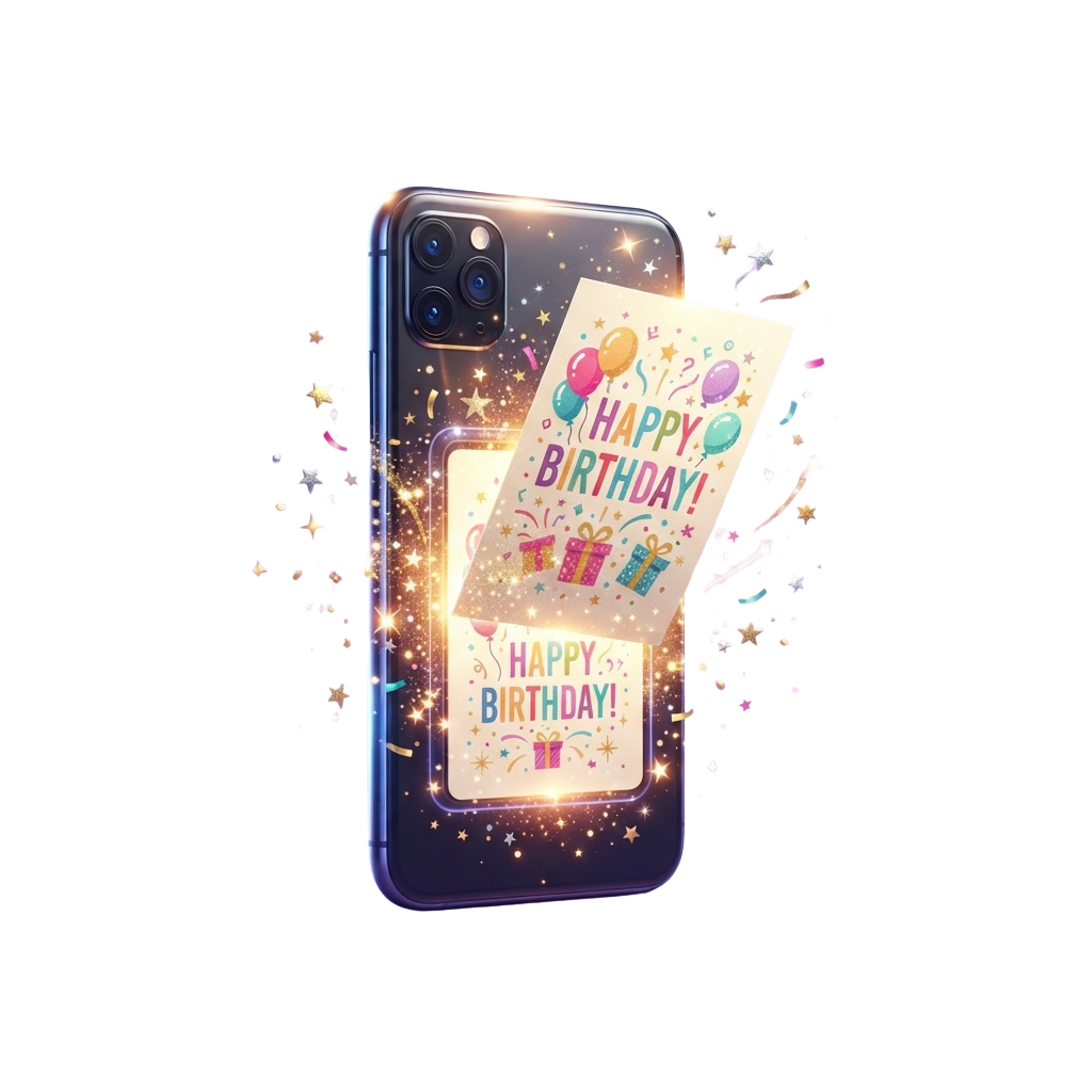Smartphone displaying a glowing birthday card with colorful balloons and confetti
