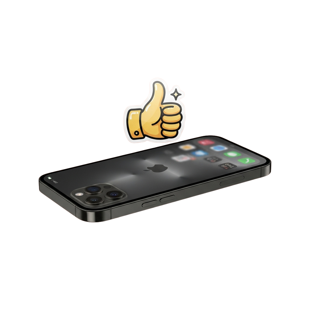 A sleek smartphone with a thumbs-up icon above it on a black background