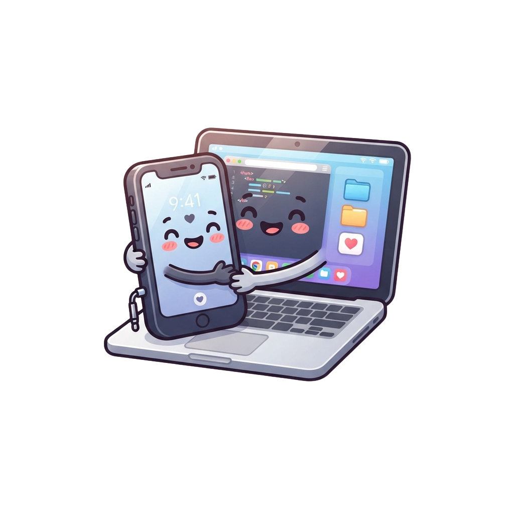 A smiling cartoon smartphone and laptop with faces showing app icons and a code editor