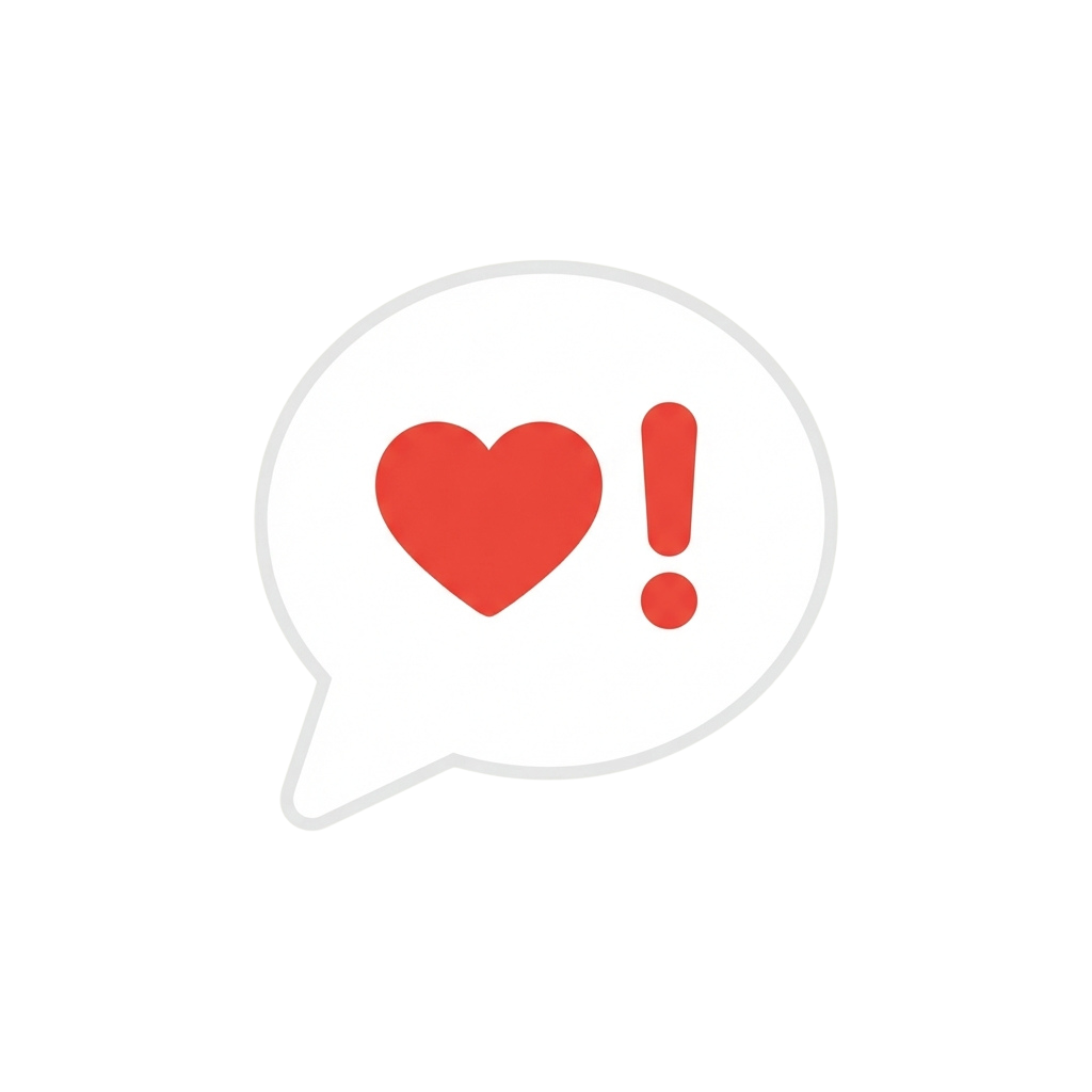 Speech bubble containing a red heart and exclamation mark symbol
