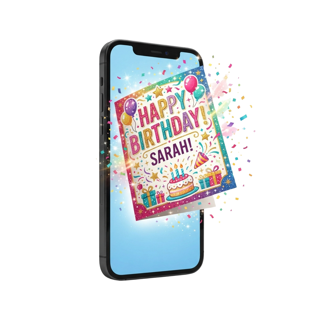 Smartphone screen showing a colorful birthday card for Sarah with balloons, cake, and confetti animation