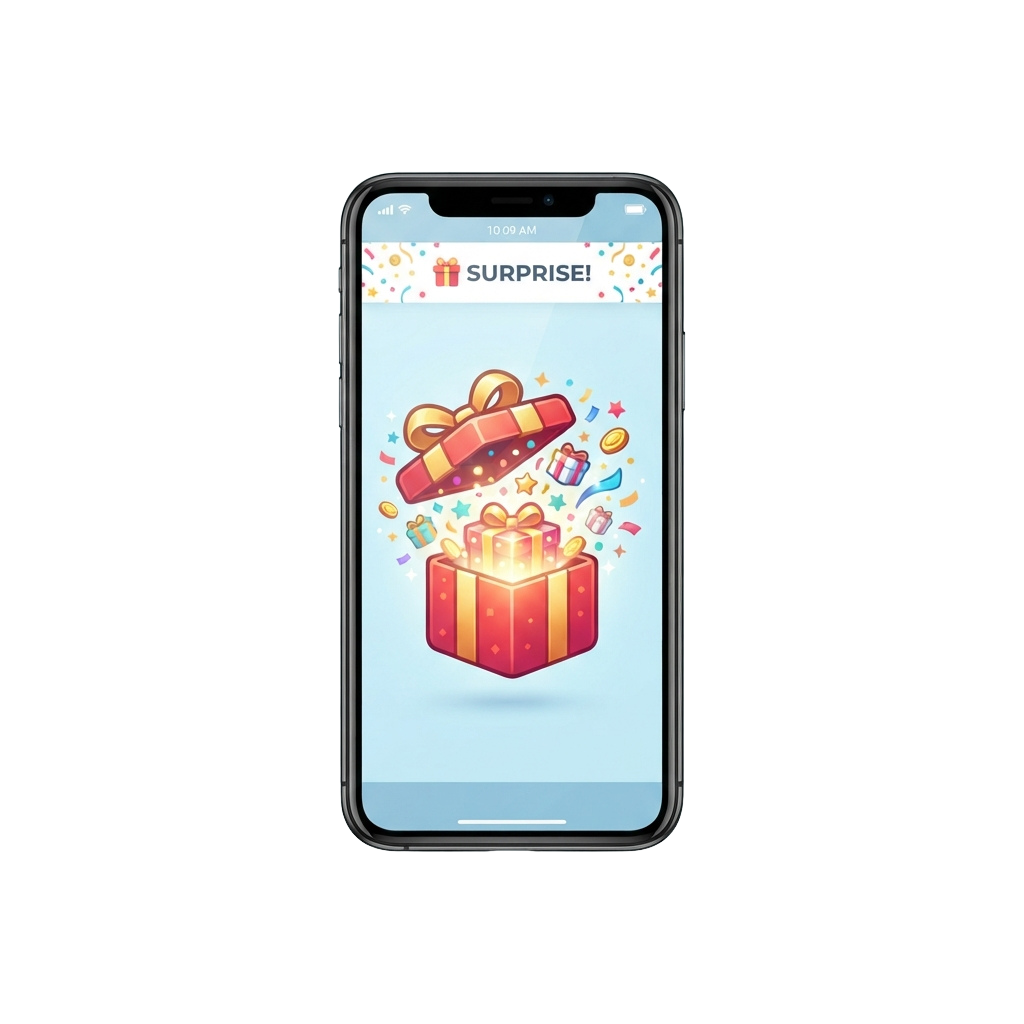 Illustration of a surprise gift box with bow, confetti, and gift icons on a mobile screen