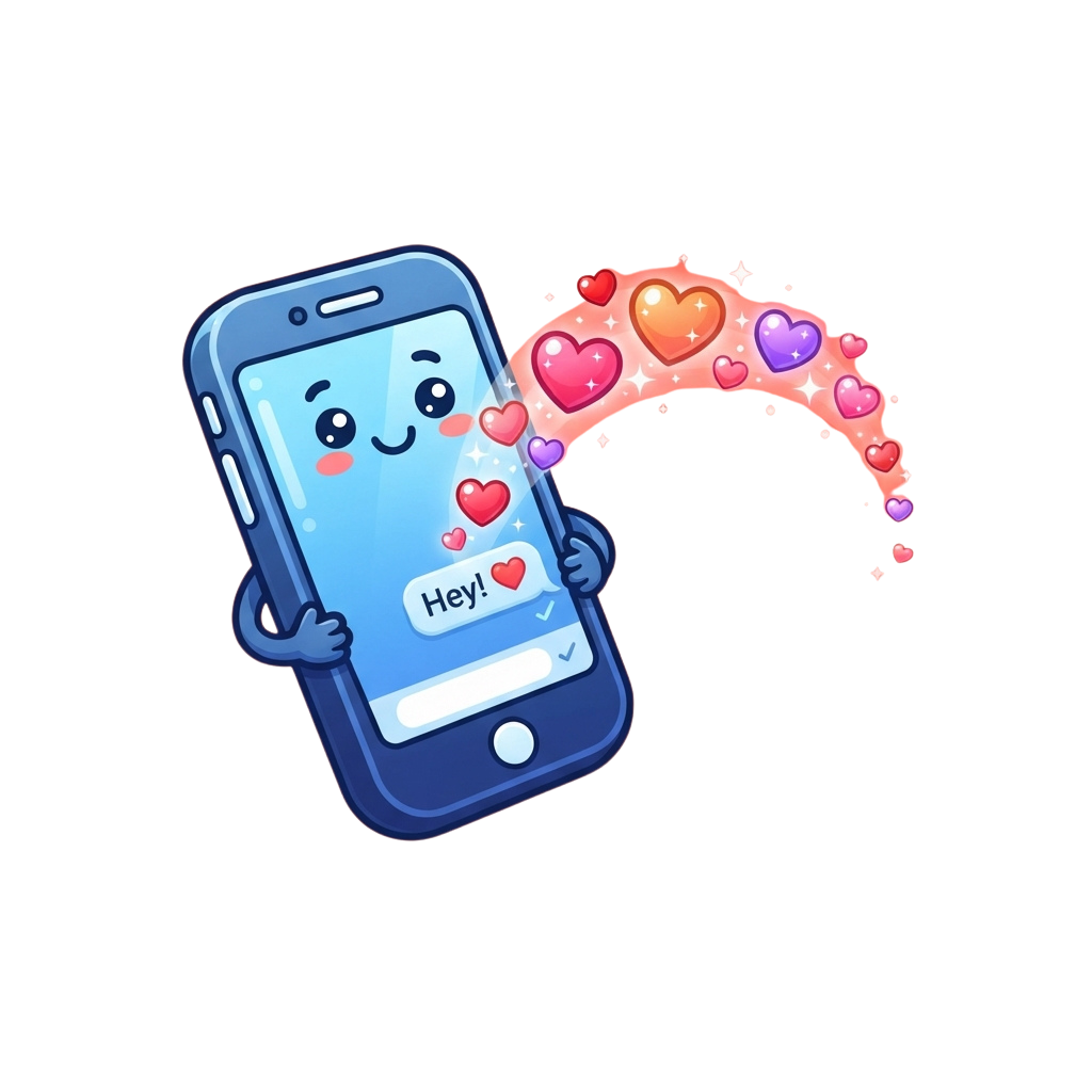 A smiling cartoon smartphone waving with a trail of colorful hearts.