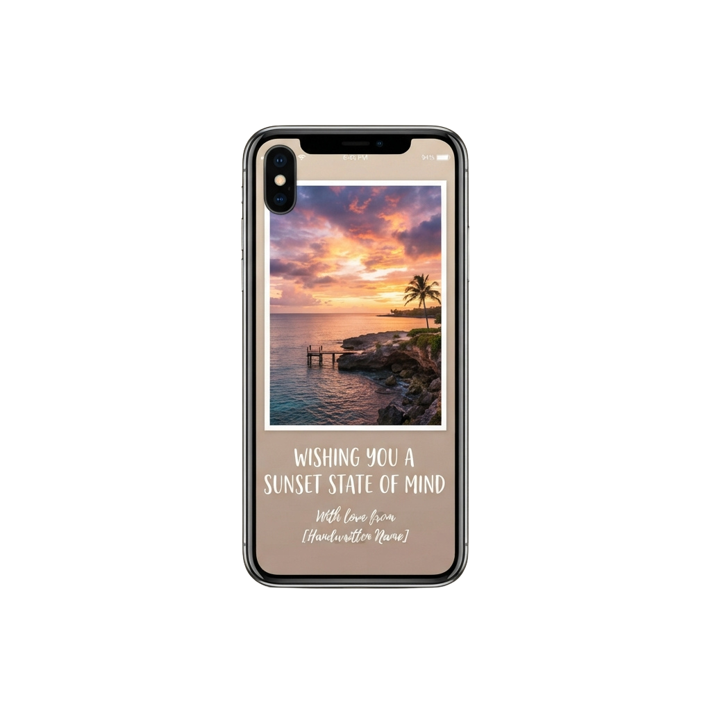 Smartphone displaying a scenic sunset over water with a greeting message about a sunset state of mind