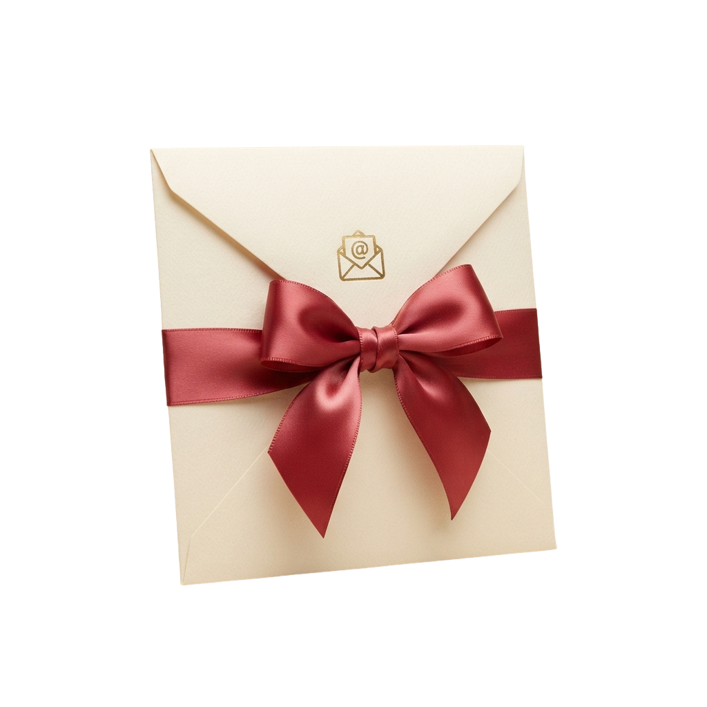 Cream envelope with a red satin bow and an embossed envelope icon