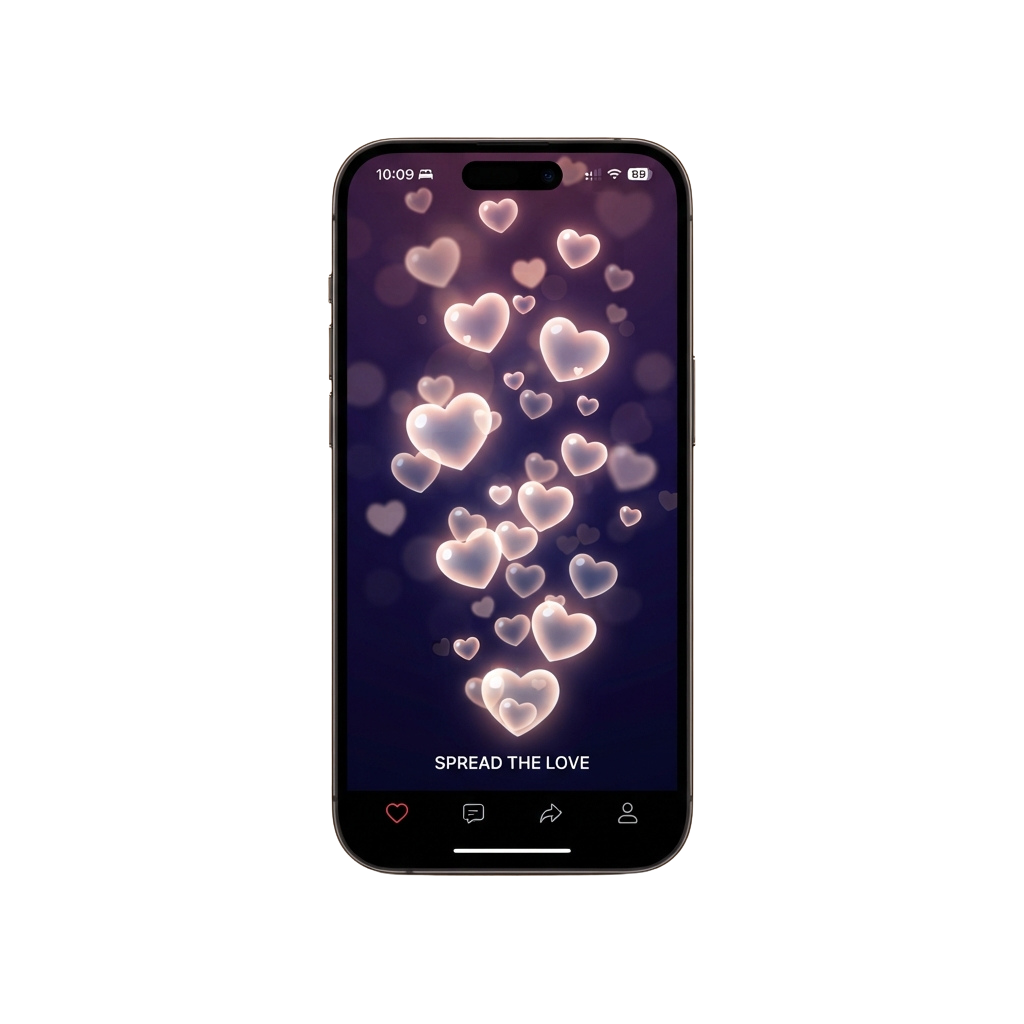 Smartphone screen showing floating heart wallpaper with the text Spread the Love