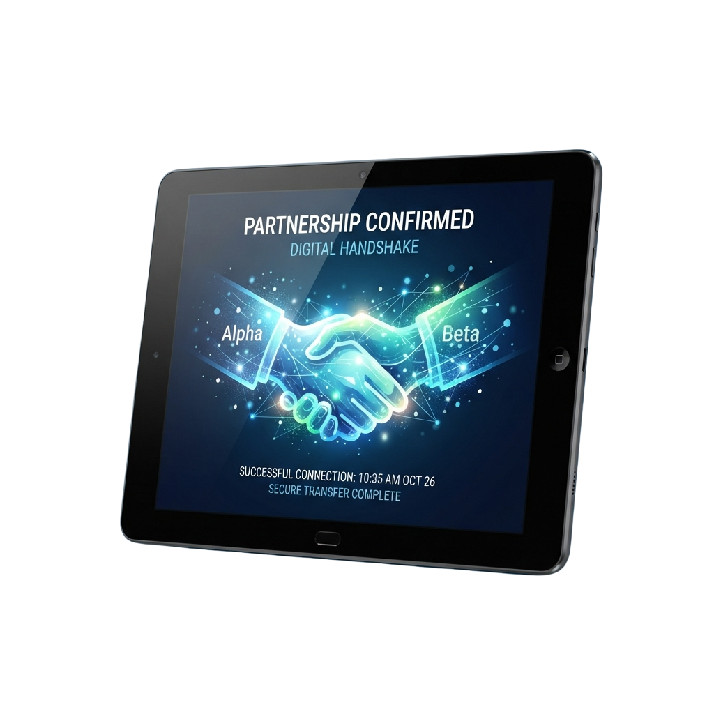 Tablet showing digital handshake partnership confirmation between Alpha and Beta with success timestamp