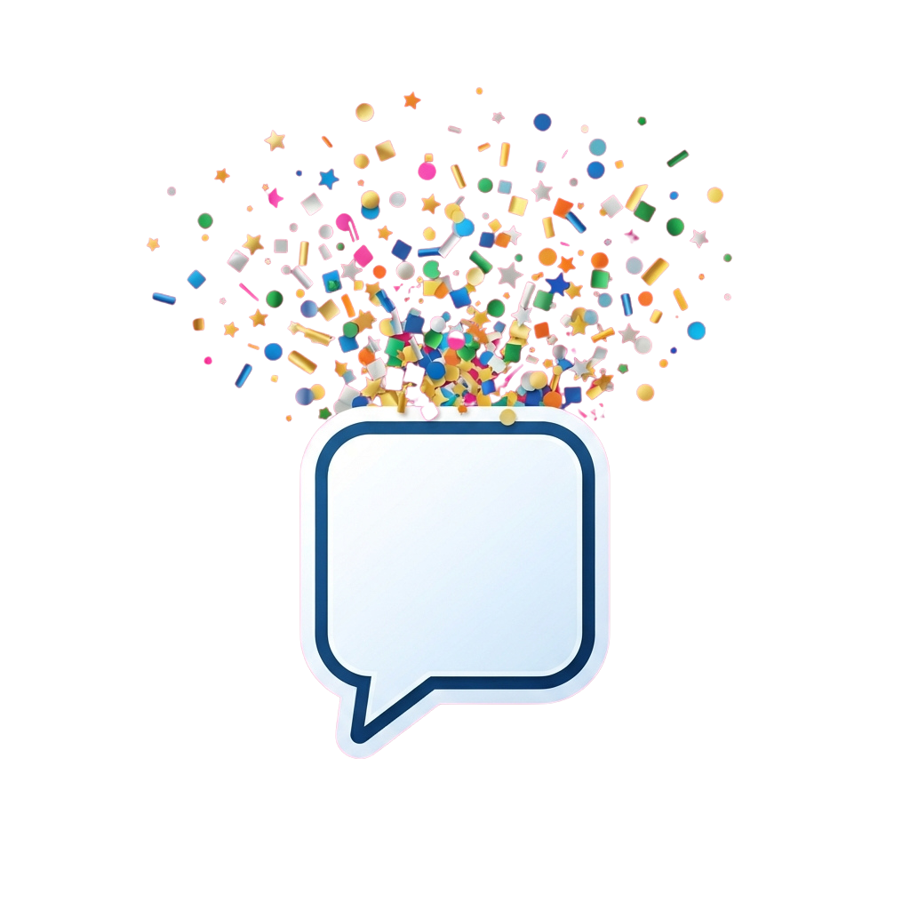 A speech bubble emitting colorful confetti shapes like stars, circles, and squares against a black background