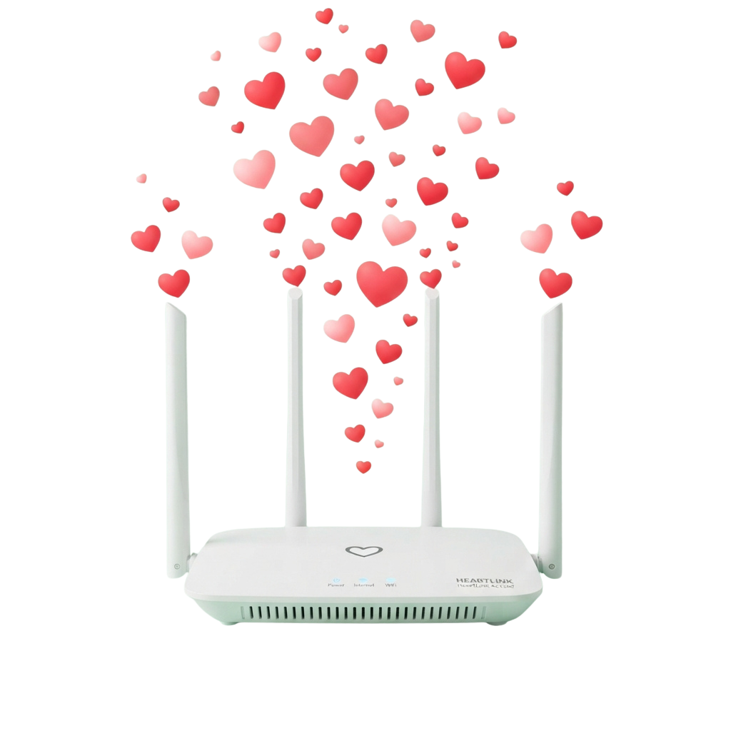White wireless router with four antennas emitting floating red hearts against a black background