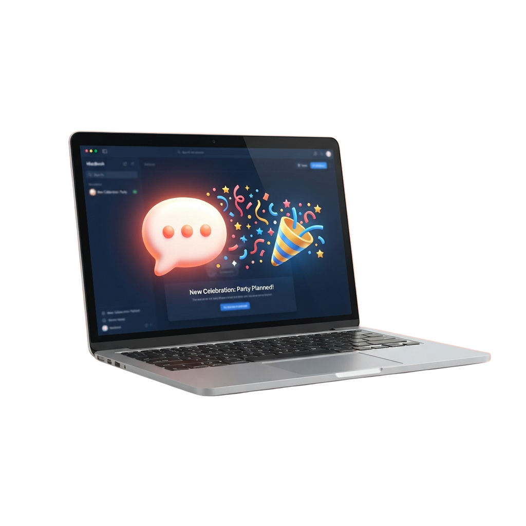 Laptop screen displaying a party planning celebration notification with speech bubble, confetti, and party horn icons