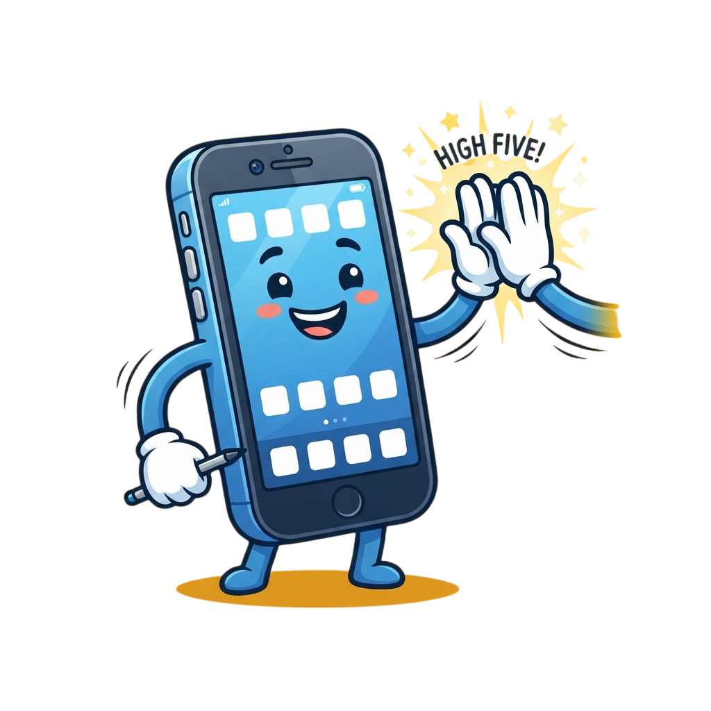 A cheerful cartoon smartphone with arms giving a high-five to a glowing hand.