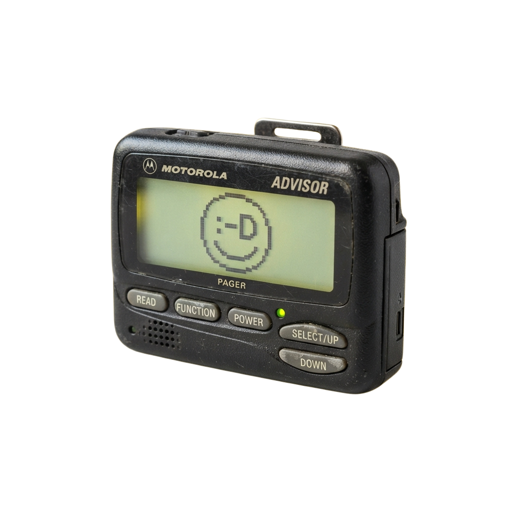 Black vintage Motorola pager showing a pixelated smiley face emoticon on its screen with buttons below