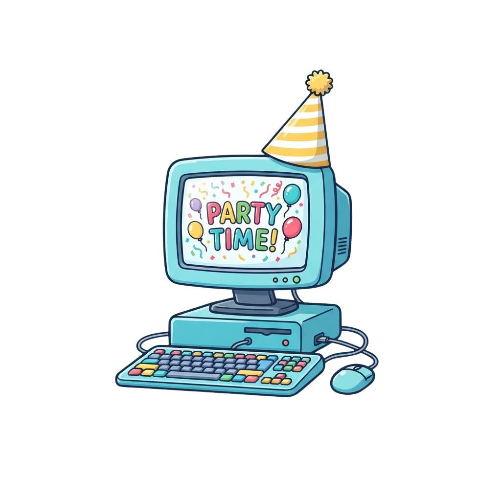 A cartoon computer monitor with a party hat and colorful balloons displaying Party Time text on its screen